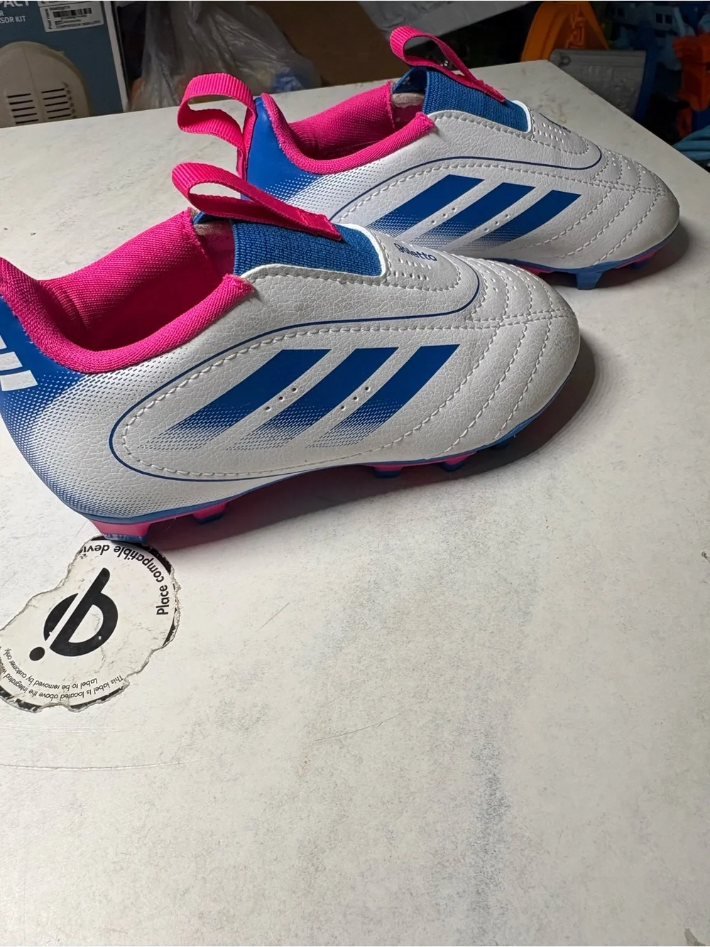 Kids White & Blue Athletic Cleats with Pink Trim